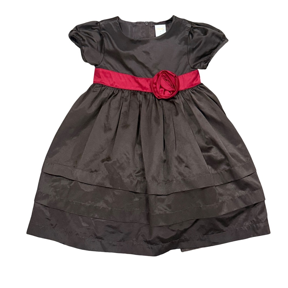VTG Gymboree Girls Brown Taffeta Dress Red Rosette Sash Holiday Wedding Sz 3